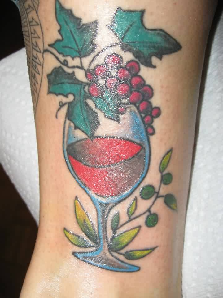 Grapes With Wine Glass Tattoo Design For Leg