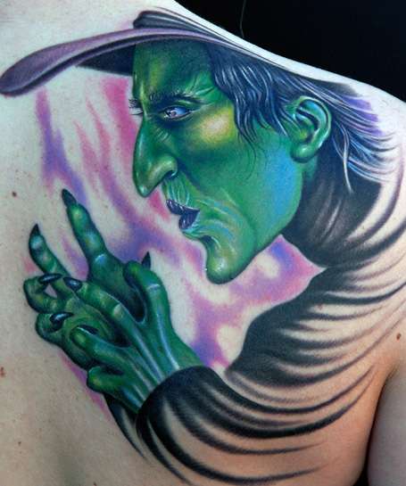 Green Ink Freddy And Witch Tattoo