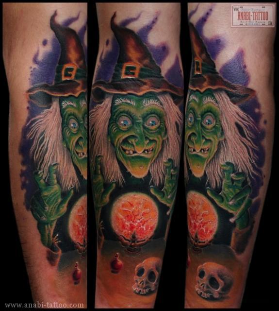 Green Ink Witch Face Tattoo On Arm Sleeve