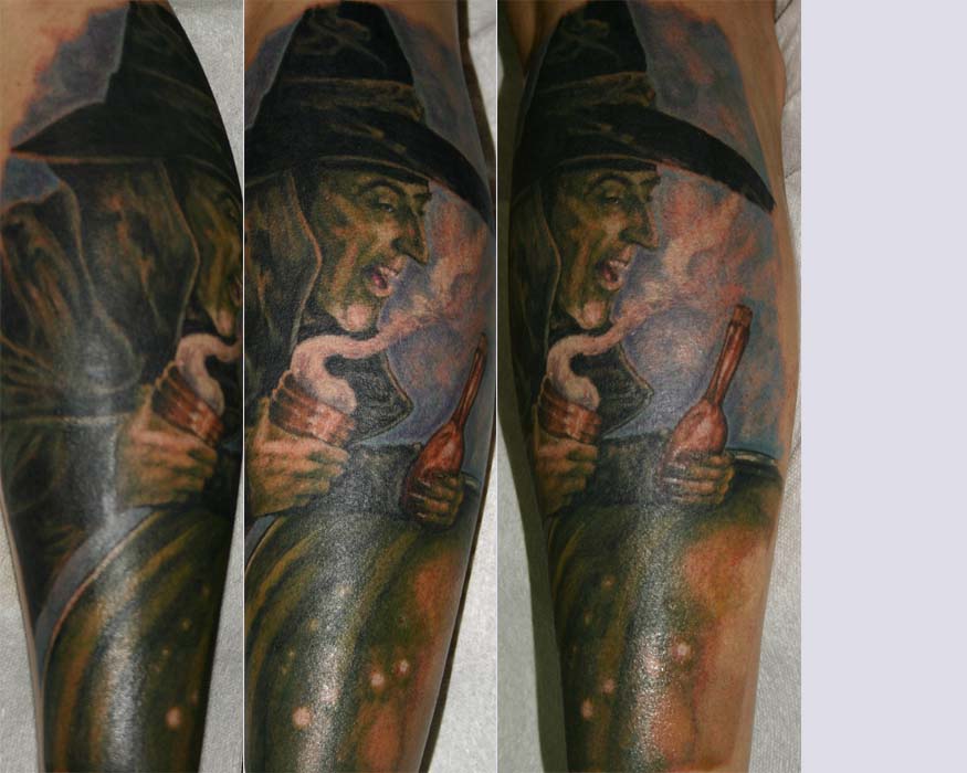 Green Ink Witch Tattoo On Leg