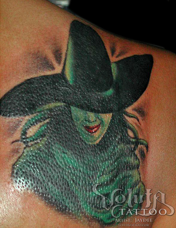 Green Ink Witch Tattoo On Right Back Shoulder