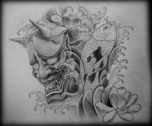 Grey Flowers And Japanese Koi With Hannya Tattoo Design