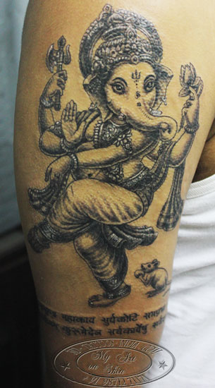 Grey Ganesha Tattoo On Half Sleeve