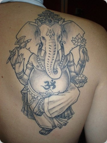 Grey Ganesha Tattoo On Right Back Shoulder
