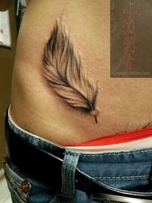 Grey Ink 3D Feather Tattoo On Right Hip