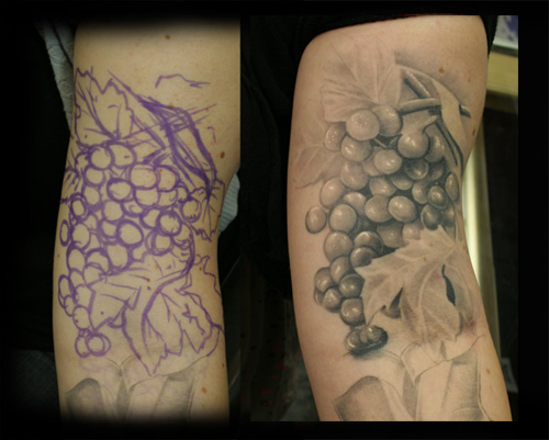 Grey Ink 3D Grapes Tattoo Design For Sleeve By Jesse Rix