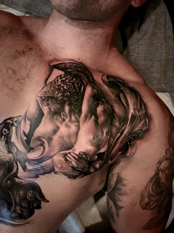 Grey Ink Angel Tattoos On Front Shoulder by Carl Grace