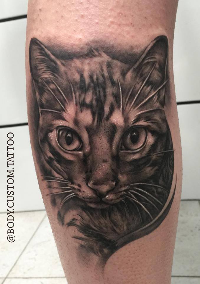 Grey Ink Cat Head Tattoo On Pxa Body Art