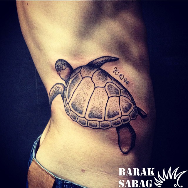 Grey Ink Dotwork Turtle Tattoo On Side Rib by Barak Sabag