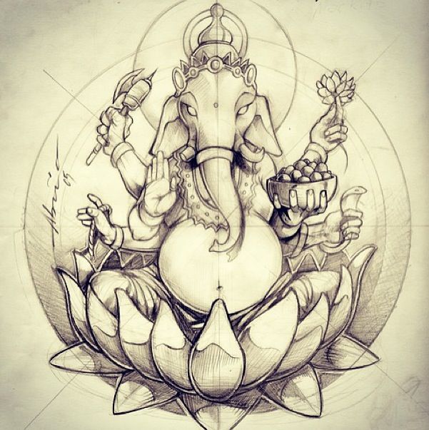 Grey Ink Ganesha On Lotus Tattoo Design