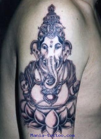 Grey Ink Ganesha On Lotus Tattoo On Right Half Sleeve