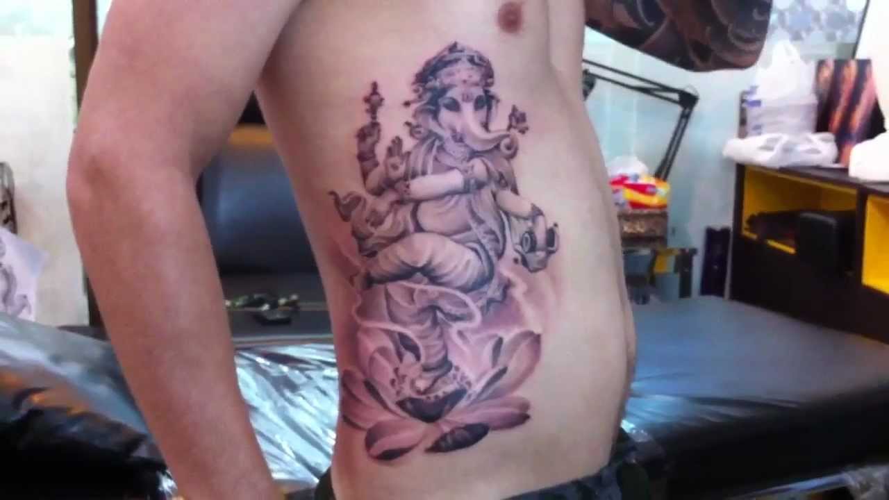 Grey Ink Ganesha Tattoo On Rib Side