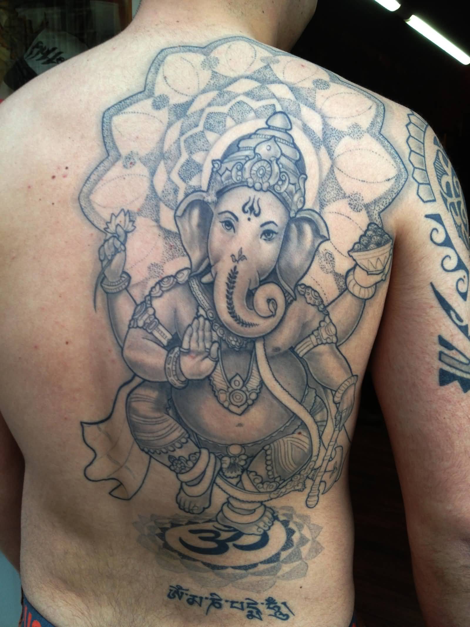 Grey Ink Ganesha Tattoo On Right Back Shoulder For Men
