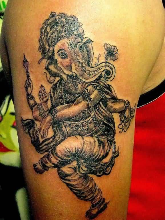 Grey Ink Ganesha Tattoo On Right Bicep