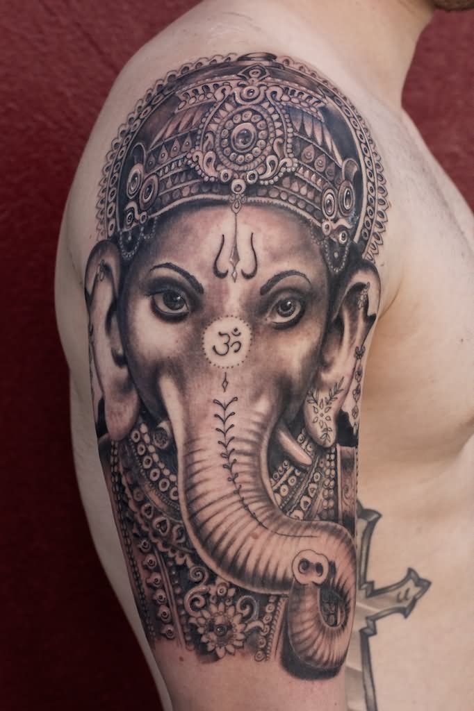 Grey Ink Ganesha Tattoo On Right Half Sleeve by Graynd