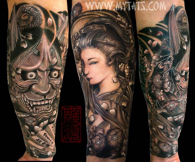 Grey Ink Geisha And Hannya Tattoos On Arm