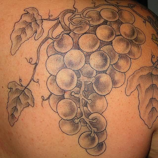 Grey Ink Grapes Tattoo On Right Back Shoulder By Rambleonsylvie
