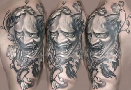 Grey Ink Hannya Tattoo On Half Sleeve