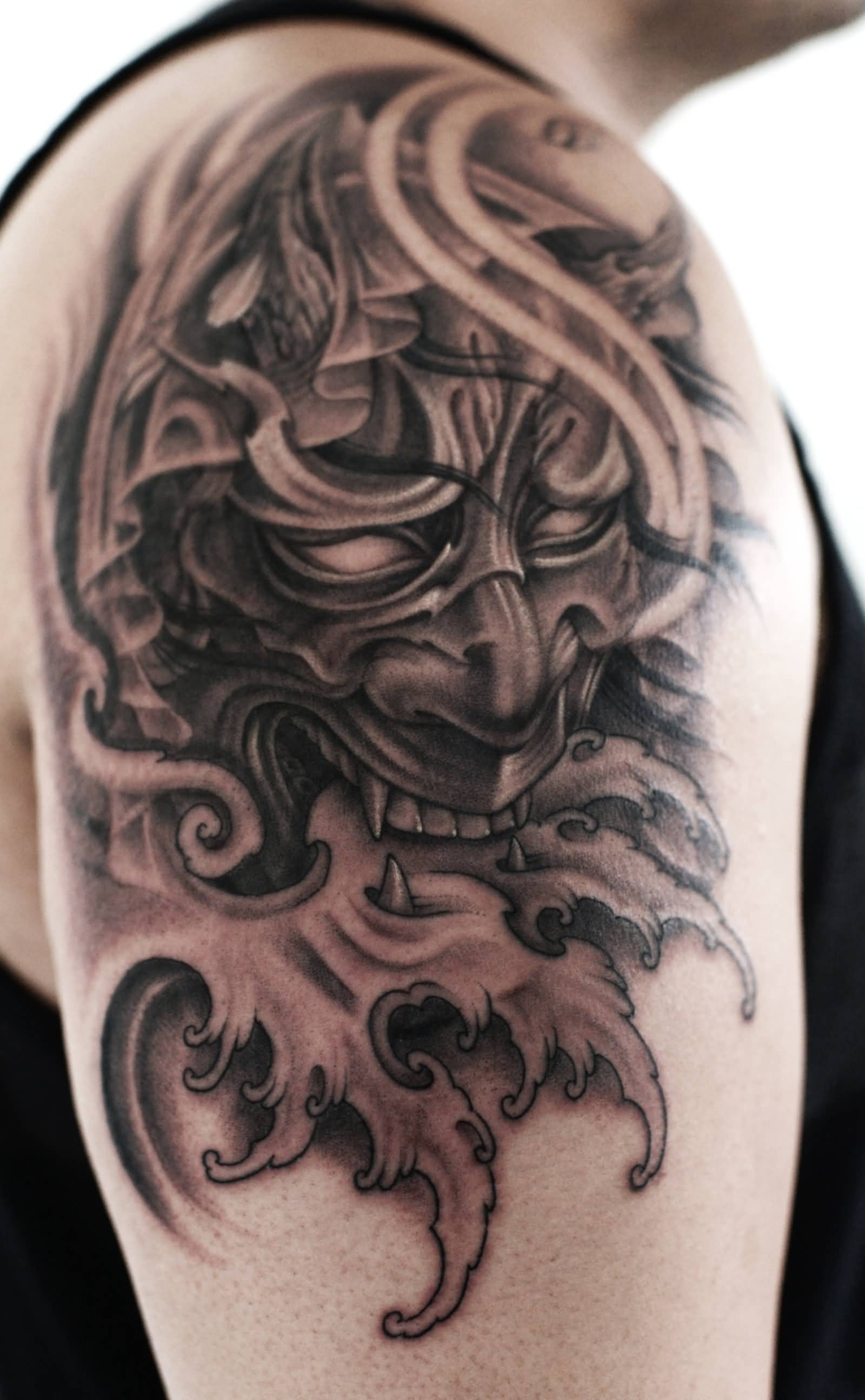 Grey Ink Hannya Tattoo On Right Shoulder