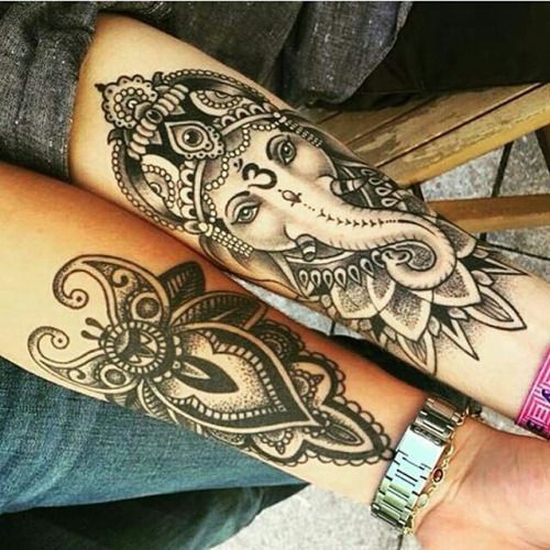 Grey Ink Mandala Flower And Ganesha Tattoos On Both Sleeve