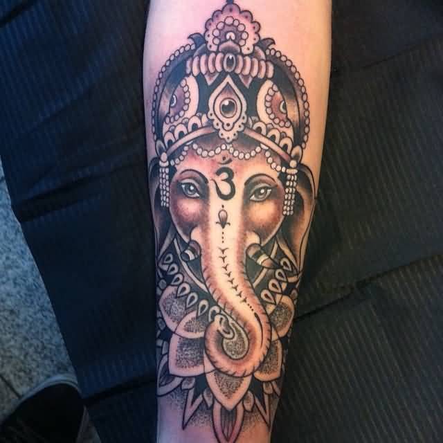 Grey Ink Mandala Ganesha Tattoo On Arm