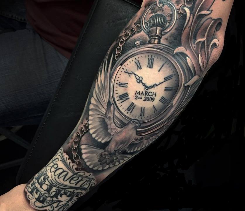 Grey Ink Memorial Clock And Flying Dove Tattoo On Full Sleeve by Justin Burnout