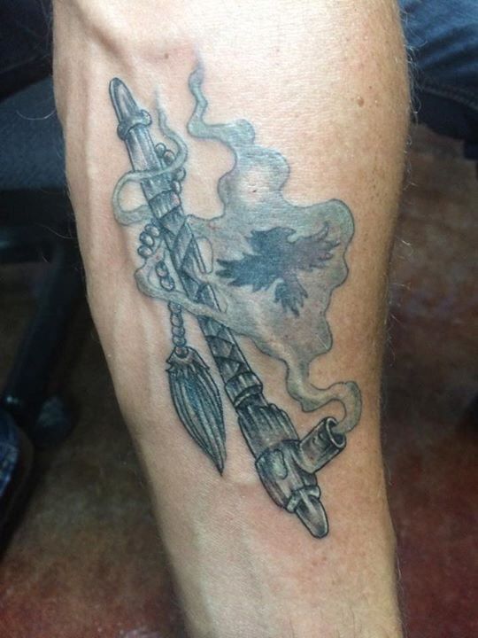 Grey Ink Pipe With Smoke Tattoo On Forearm