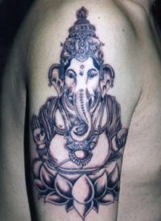 Grey Ink Right Half Sleeve Ganesha Tattoo