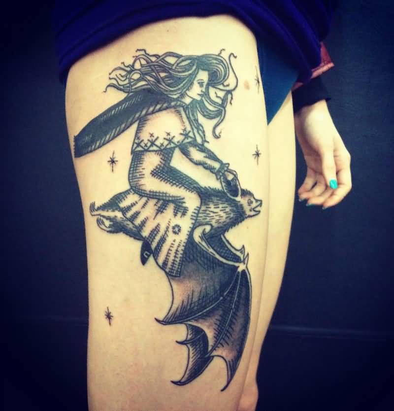Grey Ink Witch Flying On Bat Tattoo On Side Leg