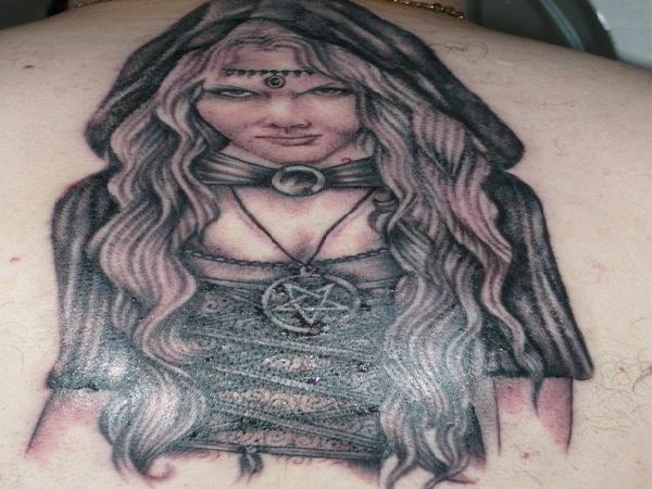 Grey Ink Witch Girl Tattoo On Back