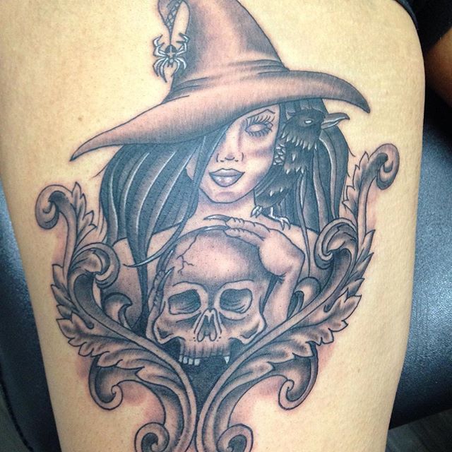 Grey Ink Witch With Skull Tattoo