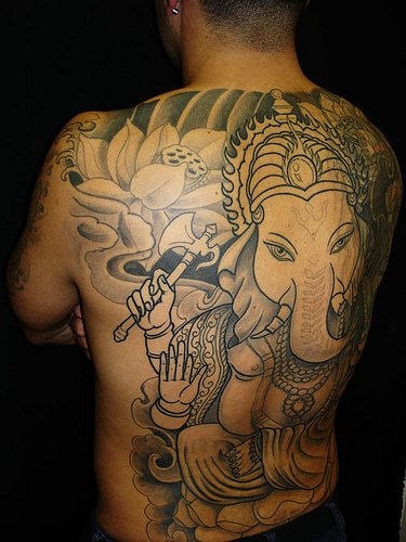 Grey Lotus And Ganesha Tattoo On Full Back