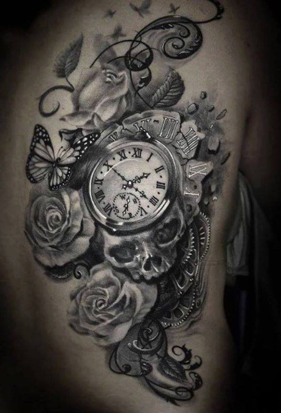 Grey Roses With Skull And Pocket Watch Tattoo On Side Rib