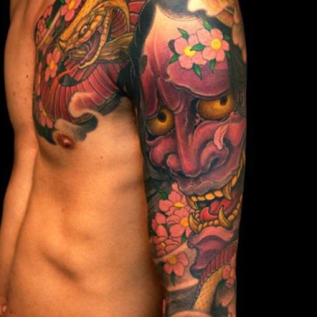 Hannya Mask Tattoo On Chest And Left Sleeve