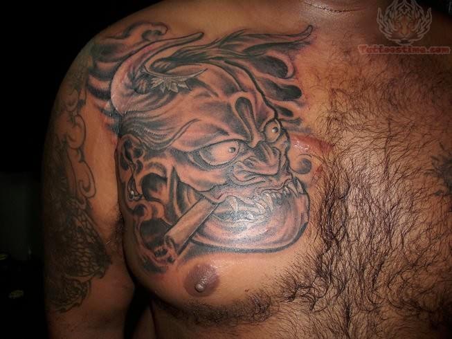 Hannya Mask Tattoo On Man Front Shoulder