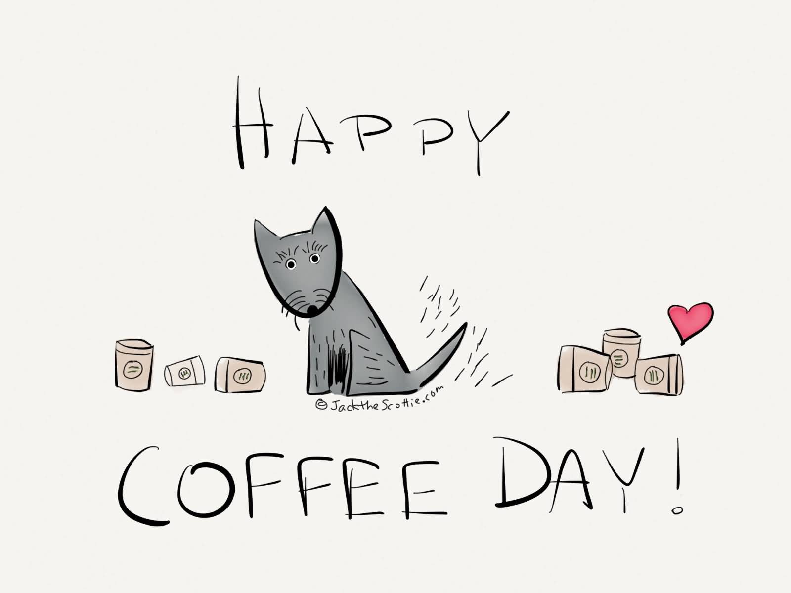 Happy Coffee Day Cat With Empty Coffee Mugs Clipart