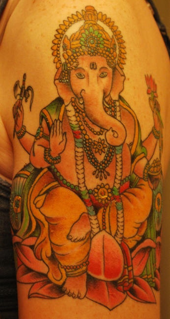 Hindi Lord Ganesha Tattoo On Left Half Sleeve