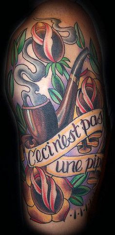 Inspiring Pipe With Flowers And Banner Tattoo Design For Half Sleeve