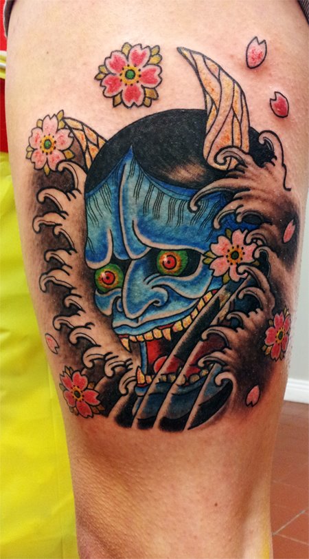 Japanese Flowers And Hannya Tattoo On Right Thigh