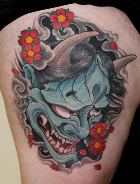 Japanese Flowers And Hannya Tattoo On Thigh