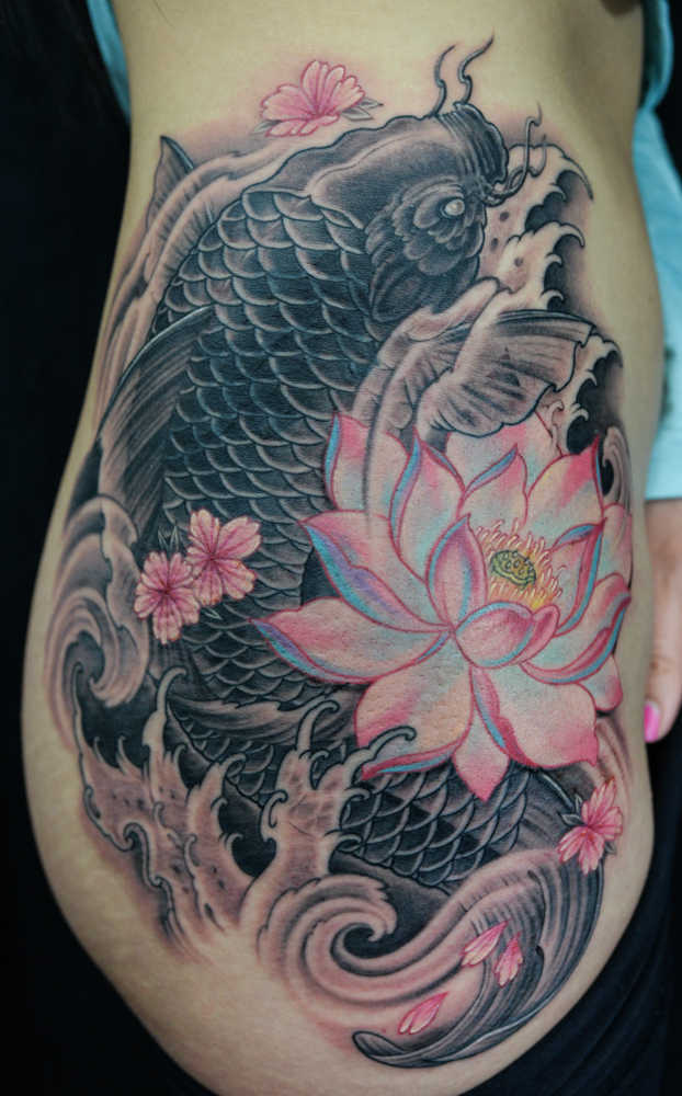 Koi Fish With Lotus Flower Tattoo On Right Hip