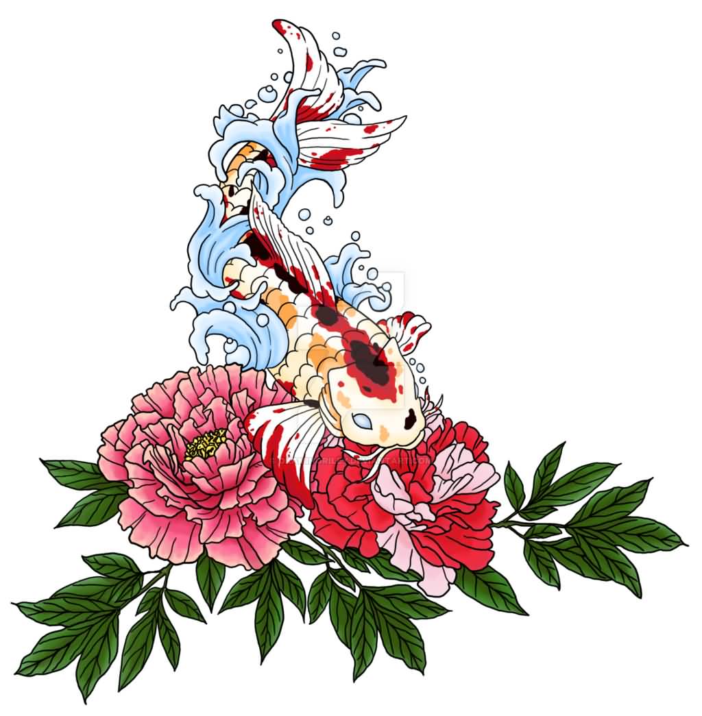 Koi Fish With Peony Flowers Tattoo Design