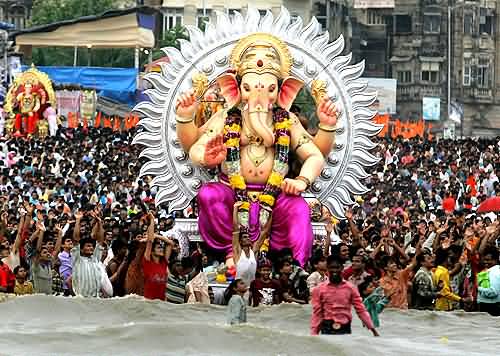 Large Lord Ganesha Idol Immersion Procession On Ganesh Chaturthi Celebration