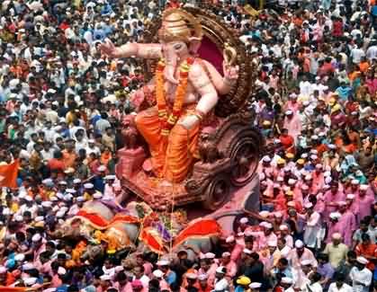 Large Number Of People With Ganesh Idol Immersion Procession On Ganesh Chaturthi