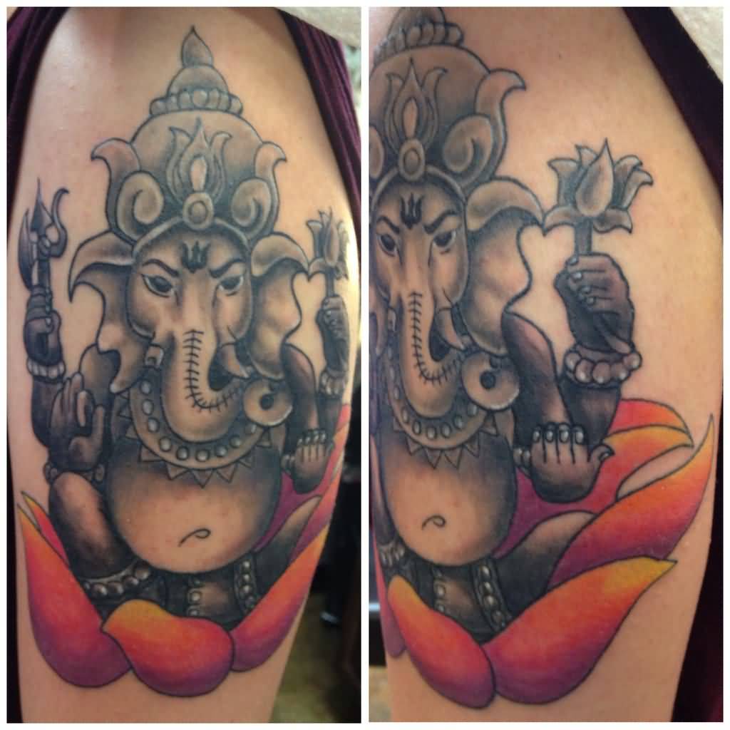 Left Half Sleeve Ganesha On Lotus Tattoo On Shoulder