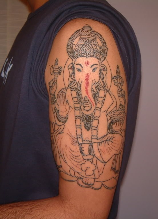 Left Half Sleeve Outline Ganesha Tattoo