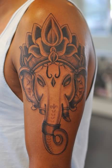 Left Shoulder Grey Ink Ganesha Head Tattoo