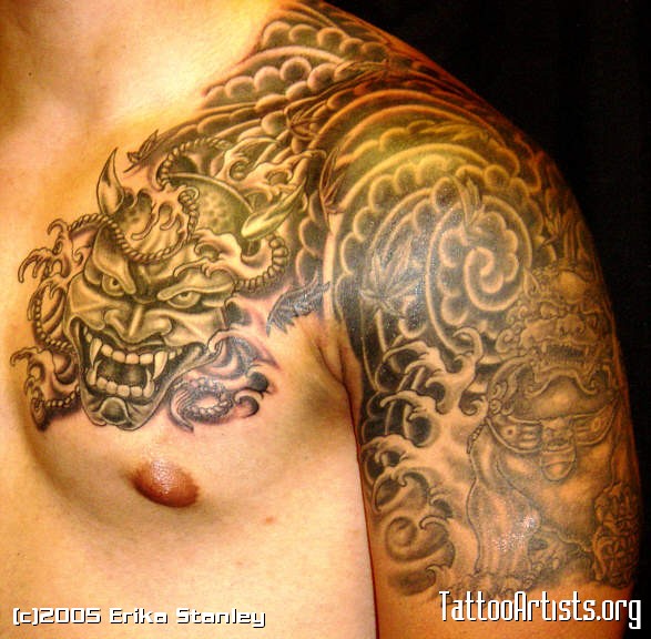 Left Shoulder Grey Ink Hannya Tattoo On Left Shoulder