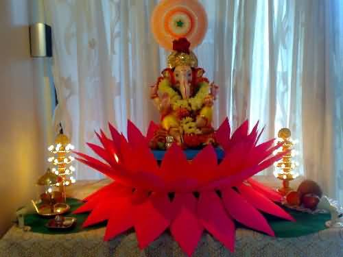 Lord Ganesha Idol In Lotus Flower Ganesh Chaturthi Decoration