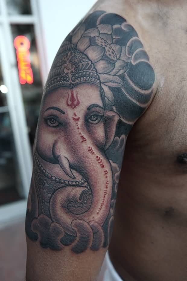 Lord Ganesha Tattoo On Man Right Half Sleeve